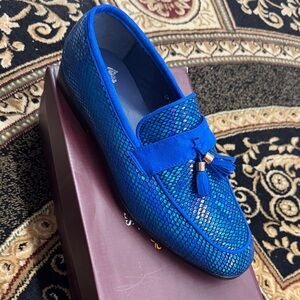Blue Textured Loafers with Tassels